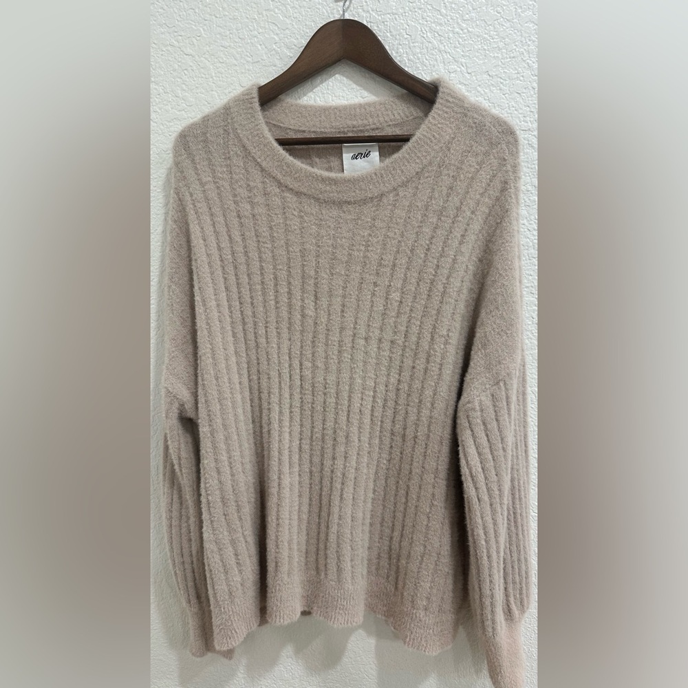 Aerie Cozy Ribbed Sweater Beige Taupe Size M Soft Plush Knit - Picture 2 of 4